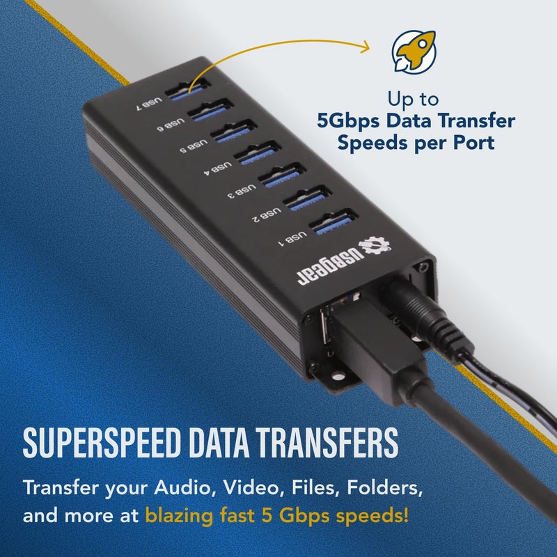 USBGear 7-Port USB 3.0 Mountable Charging and SuperSpeed Data Hub with 5V/4A Power Adapter and USB Type-A to Type-B Cable Included, Up to 900mA per Port Charging, Wall and Surface Mounting - Image 5